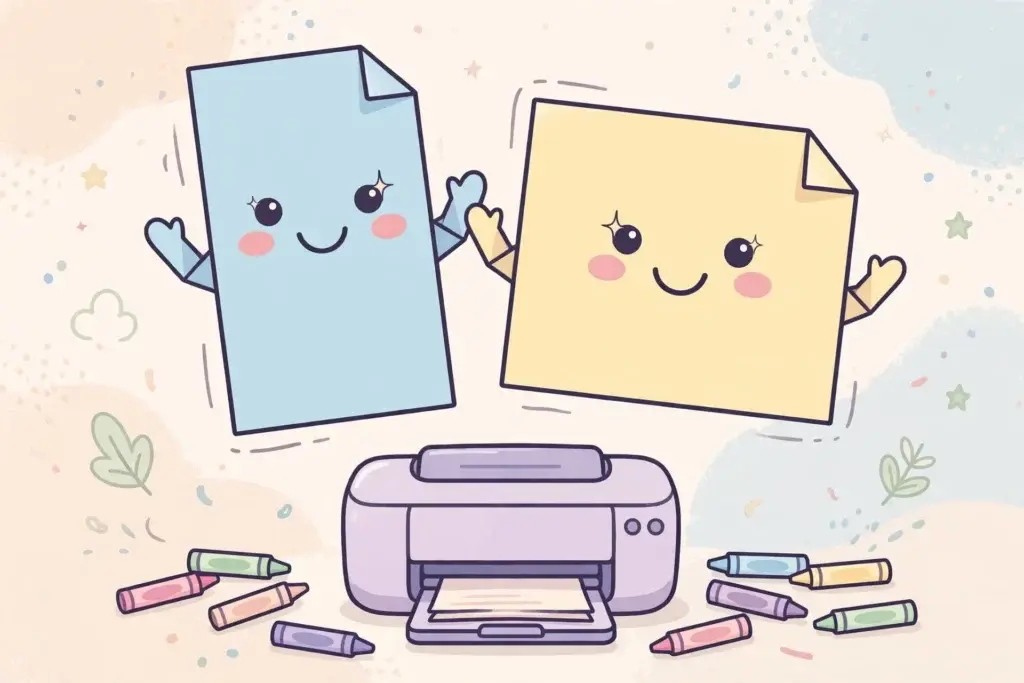 Two smiling cartoon paper sheets, one tall and one square, float above a printer.