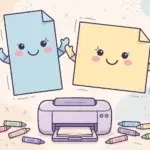 Two smiling cartoon paper sheets, one tall and one square, float above a printer.