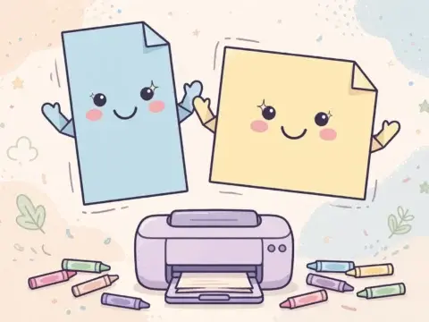 Two smiling cartoon paper sheets, one tall and one square, float above a printer.