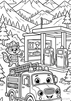 Coloring page of fire truck at a service station near the mountains.