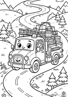 Coloring page of fire truck carrying cargo on a winding road.
