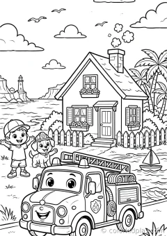 Coloring page of fire truck parked in front of a house by the seaside.