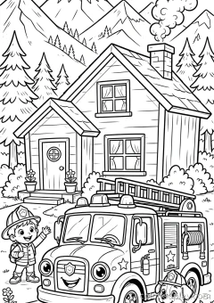 Coloring page of more fire truck fun parked in front of a house near the mountains.