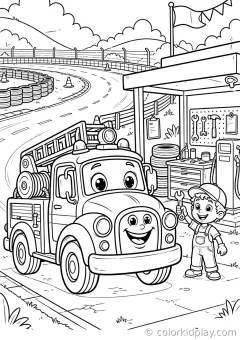Coloring page of party and playtime at a service station on a race track.