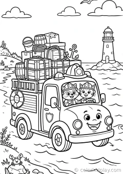 Coloring page of party and playtime carrying cargo by the seaside.