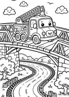 Coloring page of party and playtime crossing a bridge on a race track.