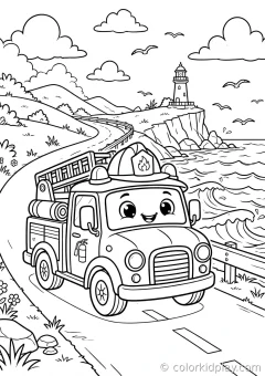 Coloring page of party and playtime driving on a road by the seaside.
