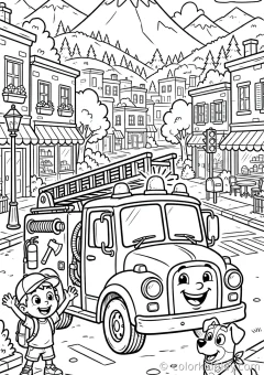 Coloring page of party and playtime in a busy town street near the mountains.