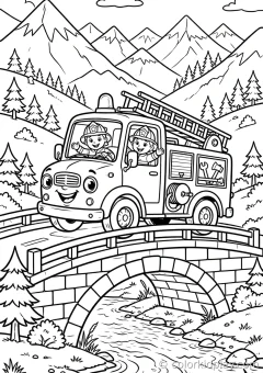 Coloring page of related coloring collections crossing a bridge near the mountains.