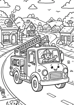 Coloring page of related coloring collections driving on a road in a small town.