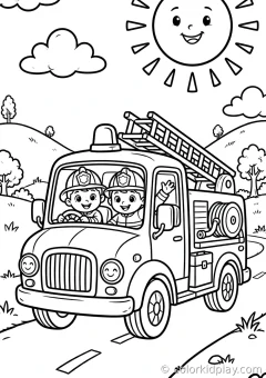 Coloring page of related coloring collections driving on a road under a bright sun with clouds.