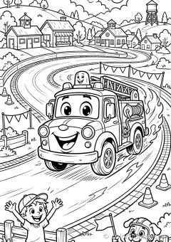Coloring page of related coloring collections racing on a track in a small town.