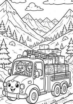 Coloring page of seasonal friends carrying cargo near the mountains.