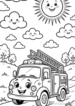 Coloring page of seasonal friends driving on a road under a bright sun with clouds.