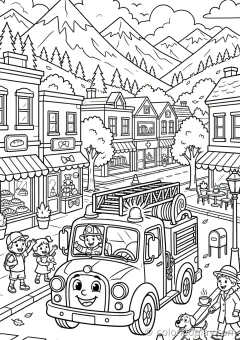 Coloring page of seasonal friends in a busy town street near the mountains.