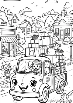 Coloring page of silly adventures carrying cargo in a small town.