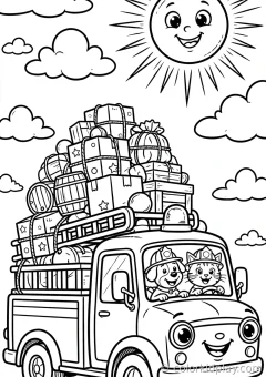 Coloring page of silly adventures carrying cargo under a bright sun with clouds.