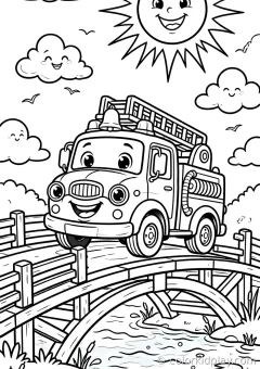 Coloring page of silly adventures crossing a bridge under a bright sun with clouds.