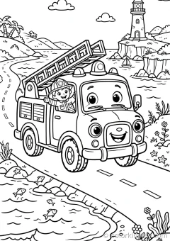 Coloring page of silly adventures driving on a road by the seaside.