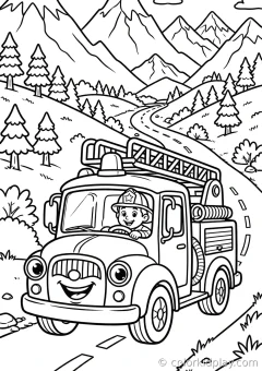 Coloring page of silly adventures driving on a road near the mountains.