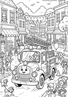 Coloring page of silly adventures in a busy town street in a small town.