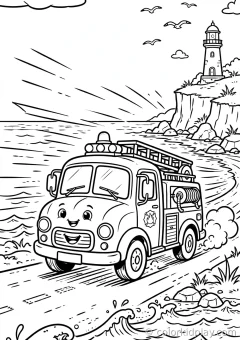 Coloring page of silly adventures with motion lines showing speed by the seaside.
