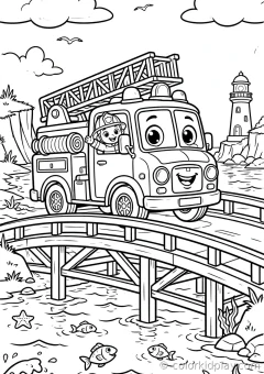 Coloring page of smiles on wheels crossing a bridge by the seaside.