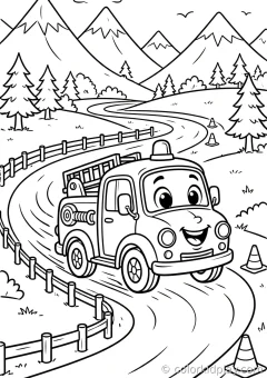 Coloring page of smiles on wheels racing on a track near the mountains.