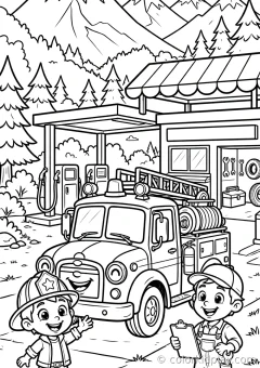 Coloring page of truck driving on a road on a race track.