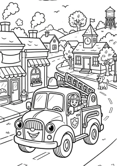 Coloring page of truck driving on a road on a winding road.