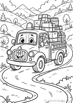 Coloring page of truck driving on a road under a bright sun with clouds.