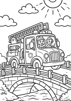 Coloring page of truck in a busy town street near the mountains.