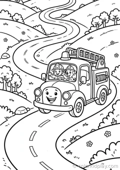 Coloring page of truck parked in front of a house by the seaside.
