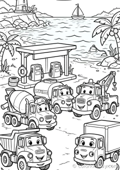Coloring page of truck types at a service station by the seaside.