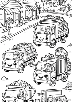 Coloring page of truck types carrying cargo in a small town.