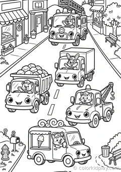 Coloring page of truck types driving on a road in a small town.