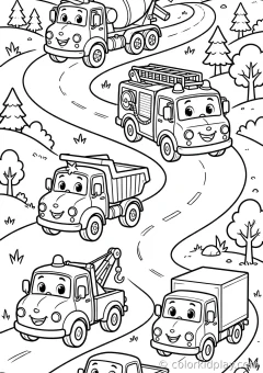 Coloring page of truck types driving on a road on a winding road.