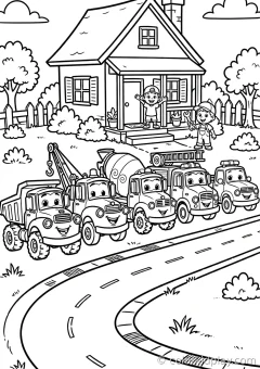Coloring page of truck types parked in front of a house on a race track.