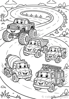 Coloring page of truck types racing on a track on a race track.
