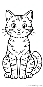 Line drawing of a sitting tabby cat with stripes for coloring