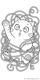 Coloring page of cat playing with a butterfly in a sunny meadow.