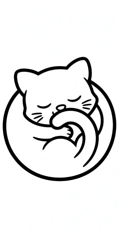 Line drawing of a cat sleeping curled up in a ball