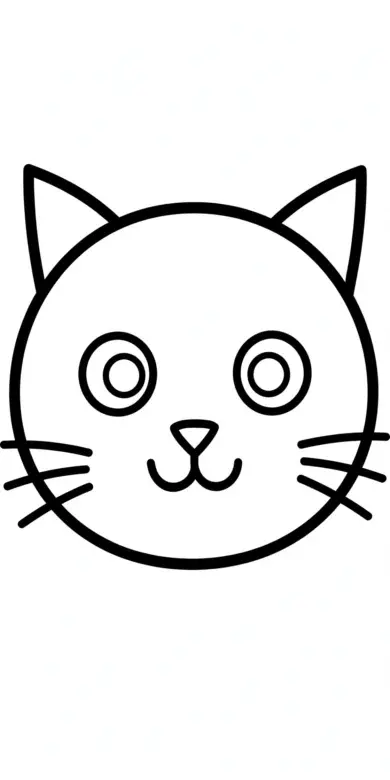Close-up line drawing of a big round cat face