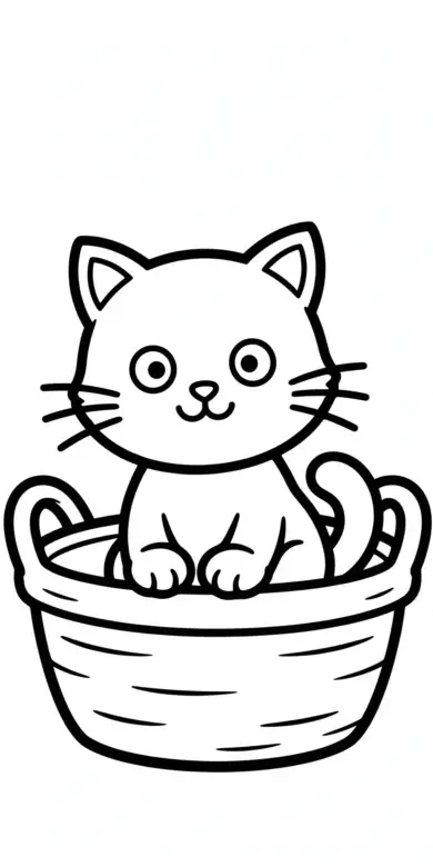 Line drawing of a kitten sitting in a basket