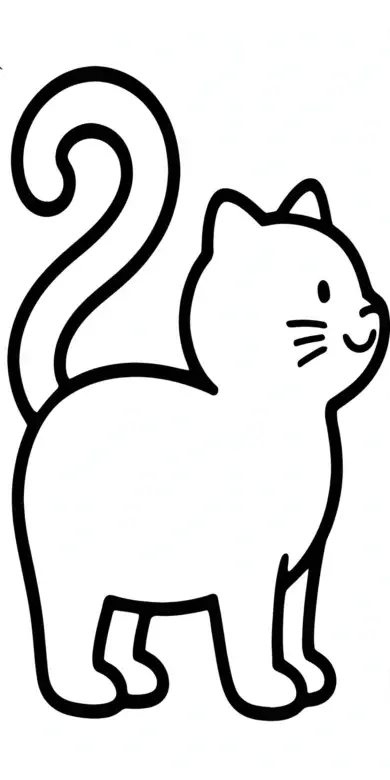 Line drawing of a standing cat with curled tail