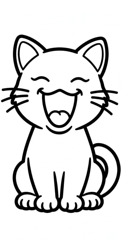 Line drawing of a cat yawning while sitting