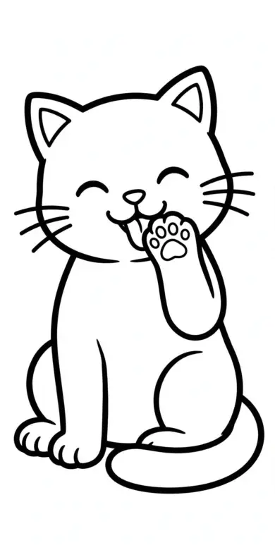 Line drawing of a cat licking its paw