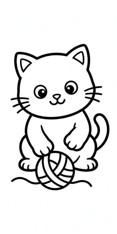 Line drawing of a cat playing with a ball of yarn
