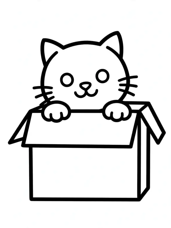 Line drawing of a cat peeking from behind a box
