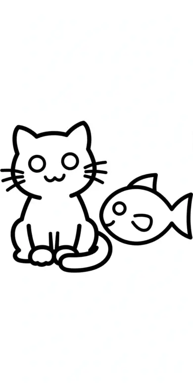 Line drawing of a cat sitting next to a fish